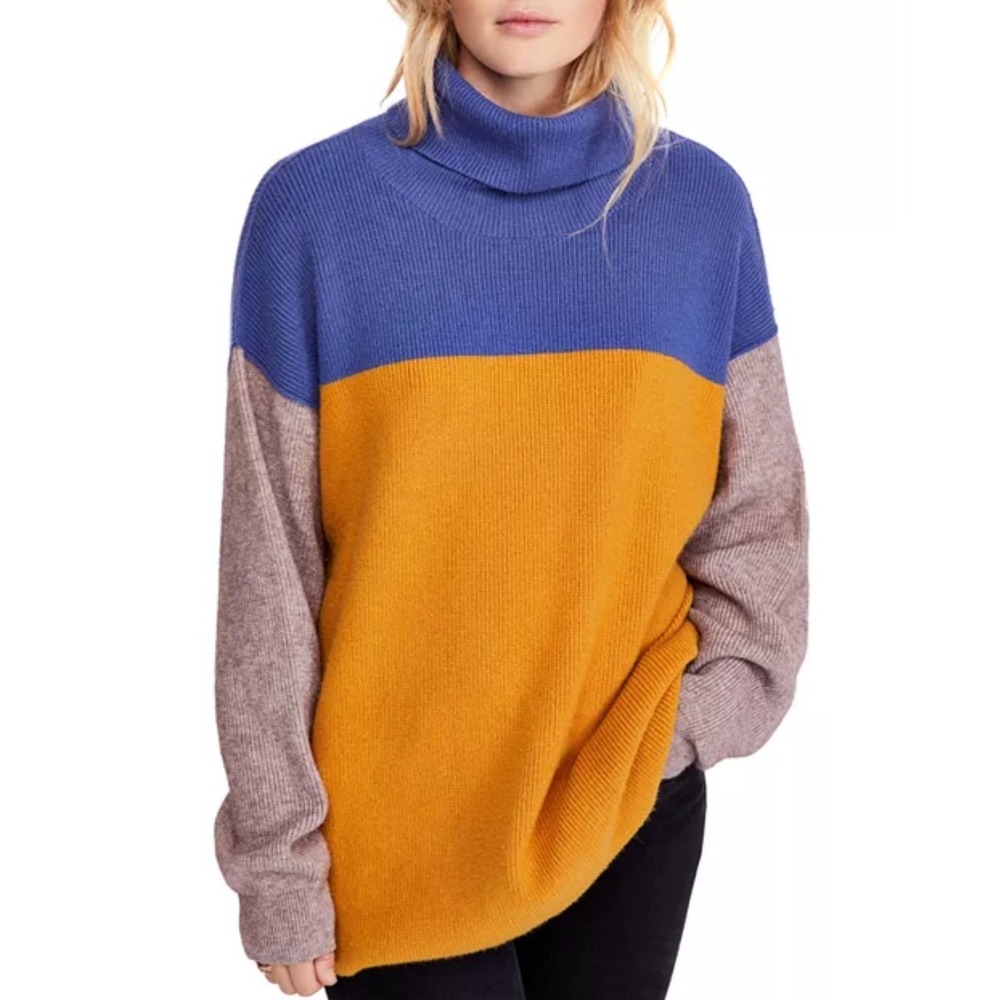 Free People Ottoman Slouchy Tunic Sweater Color Block Turtleneck Oversized Knit